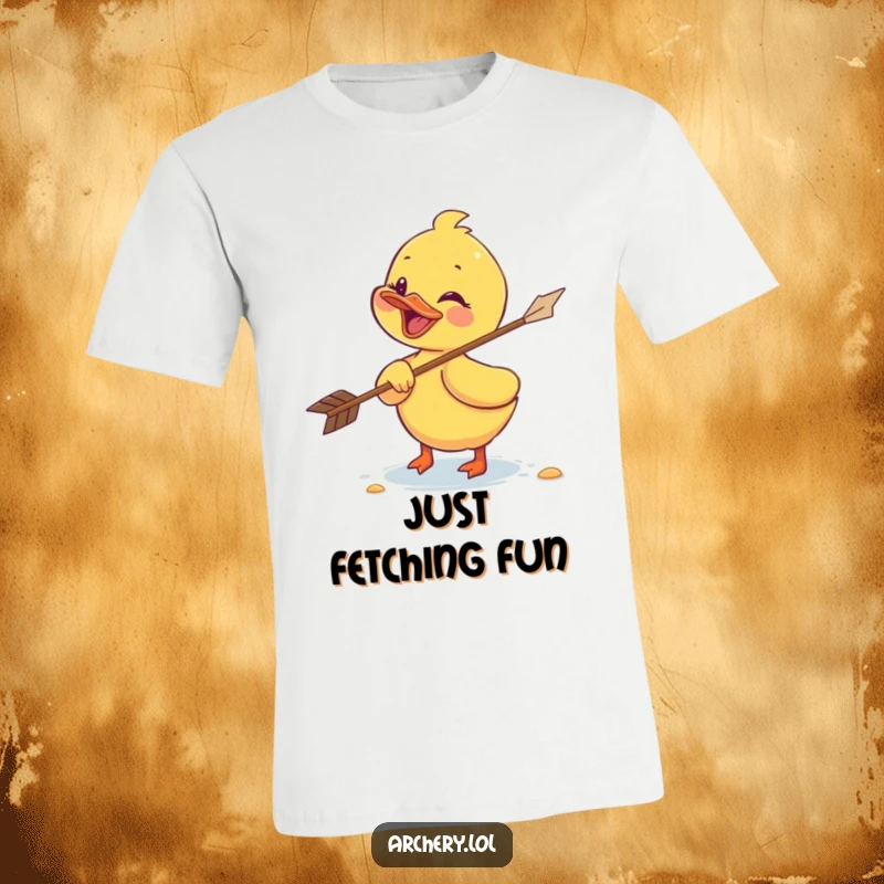 Funny duckling t-shirt featuring a giggling duckling joyfully chasing a flying arrow, capturing pure, unadulterated fun.