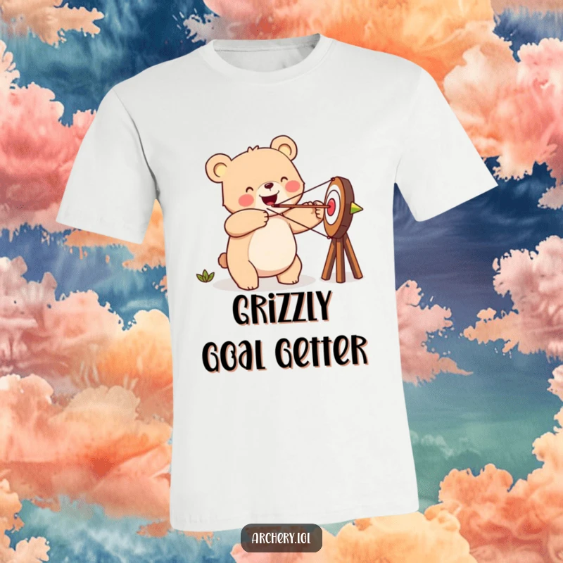 Funny happy bear t-shirt, aiming an arrow at a target, with a big smile, perfect for achievers.