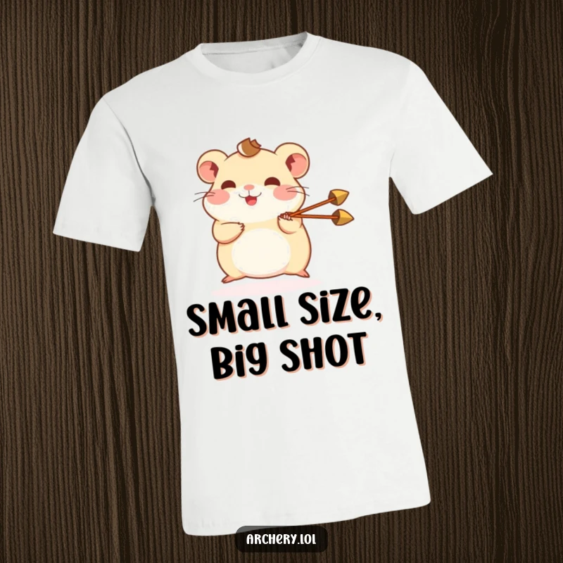 Funny hamster t-shirt featuring a happy hamster with intense focus, shooting a tiny arrow with surprising accuracy.