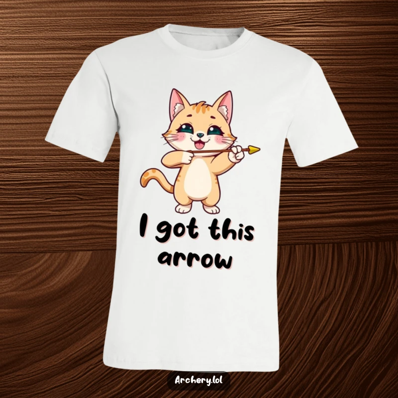 Funny cat archer t-shirt with a smiling cat playfully shooting an arrow, a humorous gift for animal lovers.