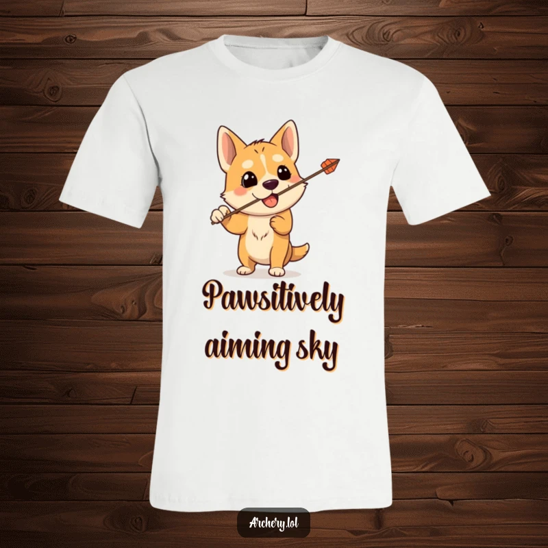 Funny t-shirt showing a silly dog with a bow, its arrow accidentally shooting upwards, capturing a moment of canine comedy.