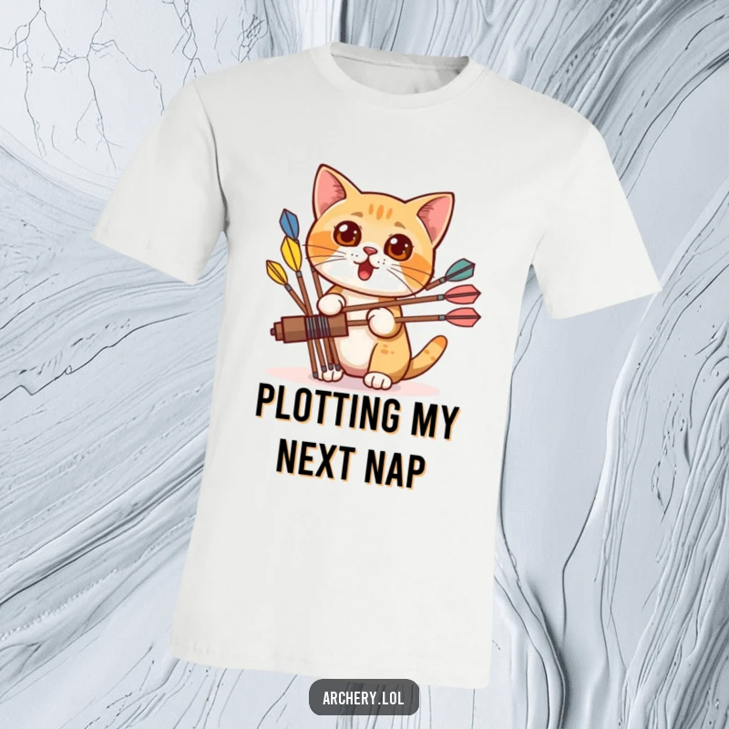 Funny t-shirt with a surprised cat peeking from behind colorful arrows, capturing a moment of curious observation and playful mischief.