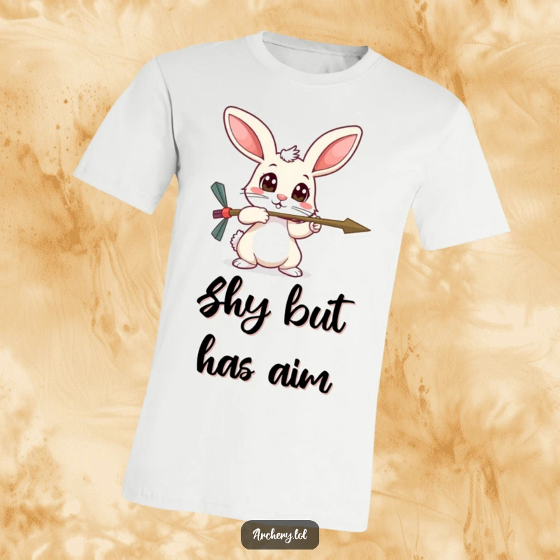 Funny timid rabbit t-shirt, wide curious eyes, holding an arrow, gentle and shy for gifting.