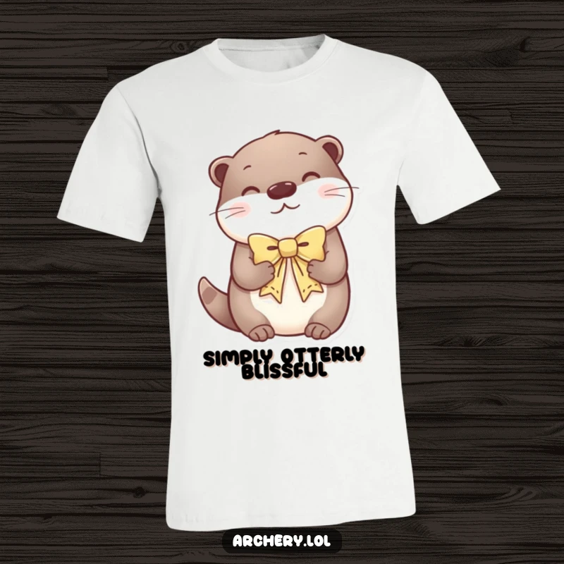 Funny t-shirt of a content otter holding a decorative bow, looking incredibly serene and peaceful.