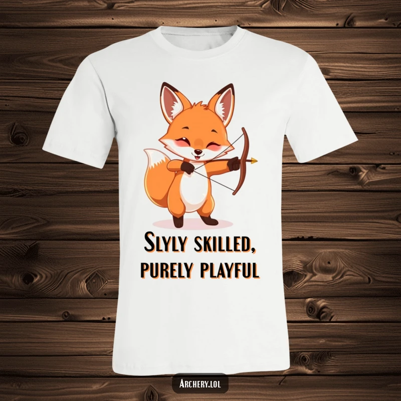 Funny playful fox t-shirt, joyfully twirling a bow and arrow, with a sly smile, perfect for tricksters.