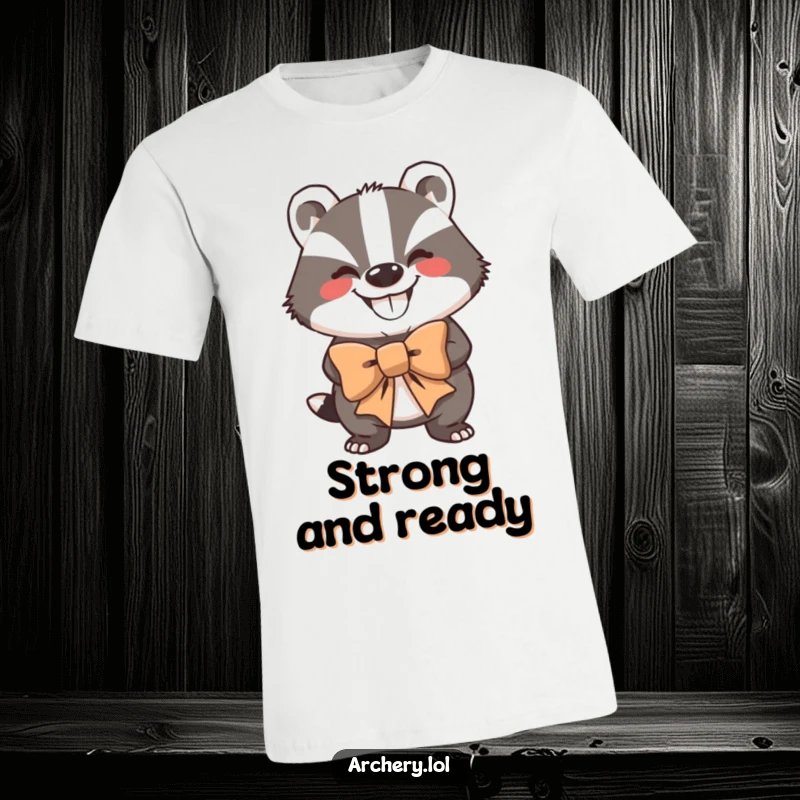 Funny T-Shirt: A grinning badger holding a large bow, showcasing impressive strength and readiness.