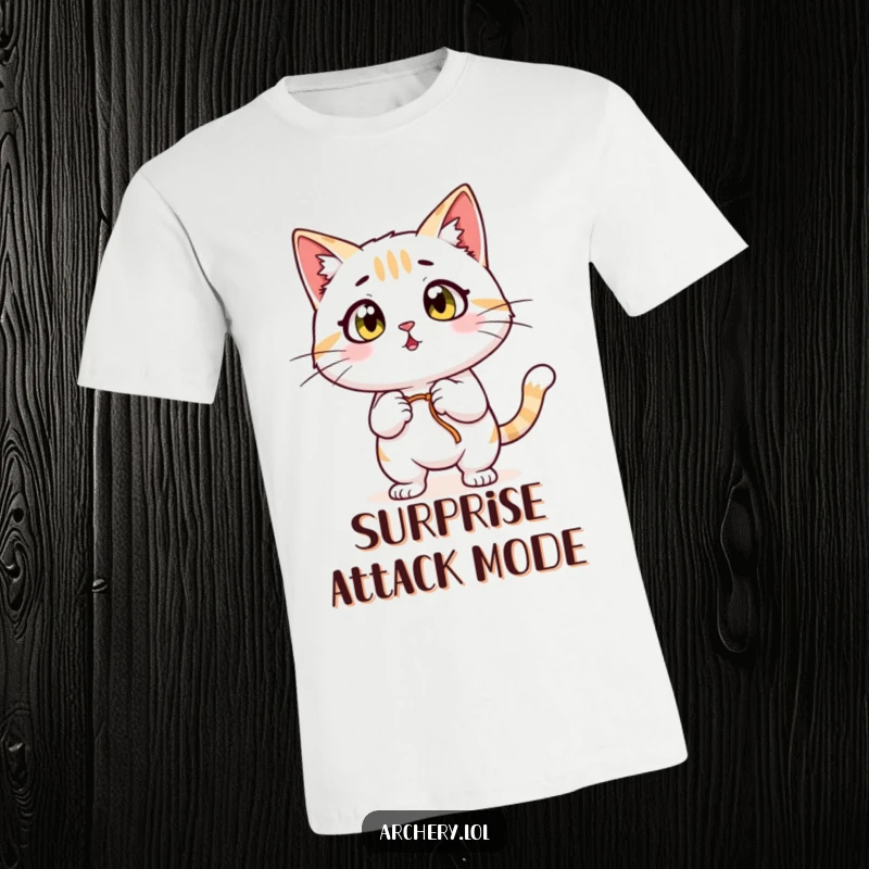 Funny Surprised Cat T-Shirt: A cat with wide eyes, pulling back a bowstring, displaying a look of pure surprise.