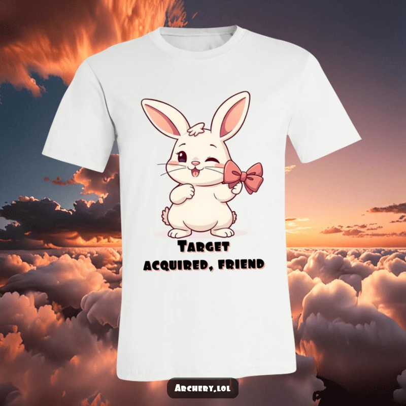 Funny Determined Rabbit Archer T-Shirt: A smiling rabbit draws a bow with a focused expression, perfect for a humorous gift.