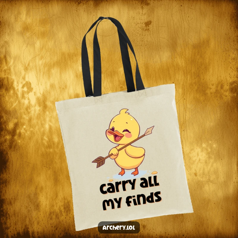 Funny duckling tote bag depicting a giggling duckling playfully retrieving a flying arrow, a humorous and functional carry-all.