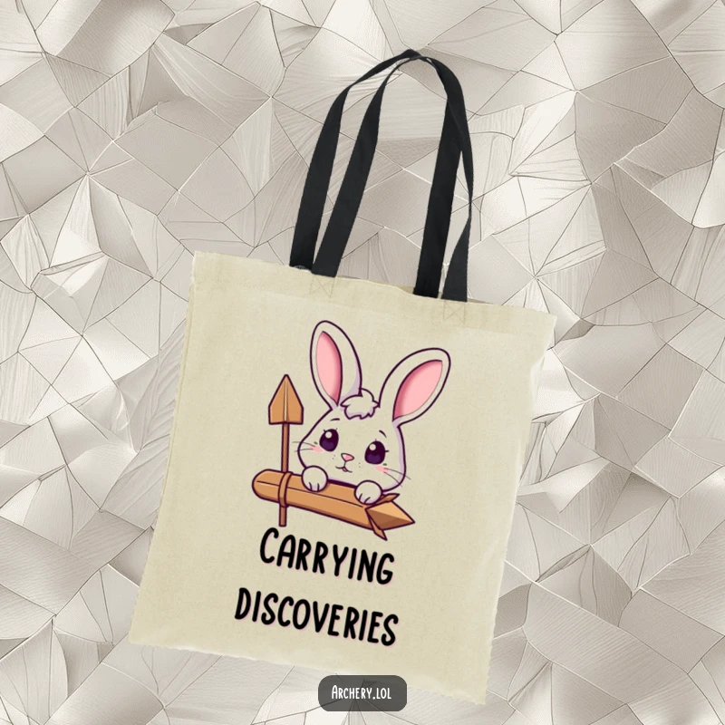 Funny Curious Rabbit Tote Bag: An excited bunny peeks over its arrow, looking curious and ready to carry items.