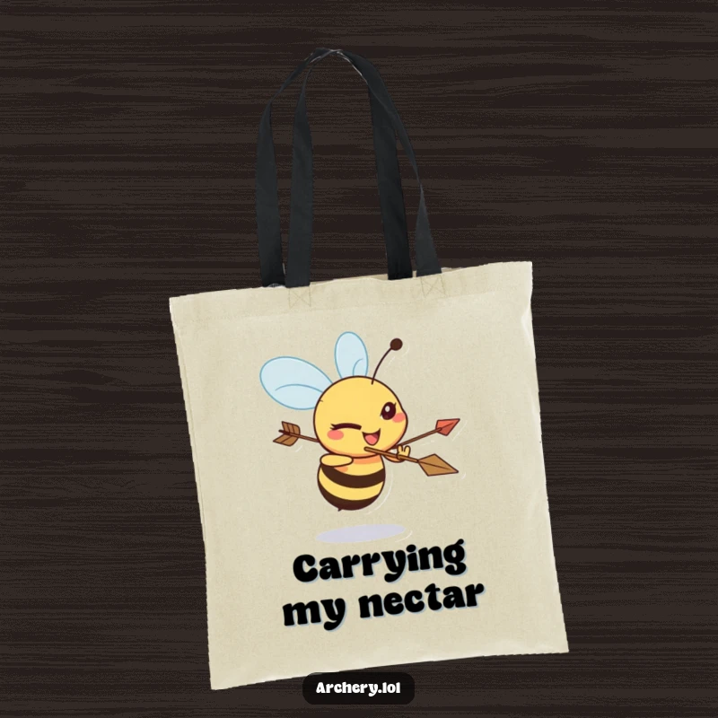 Funny Bee Archer Tote Bag: A happy bee with a determined squint aims its bow and arrow, ready to conquer the day’s tasks.