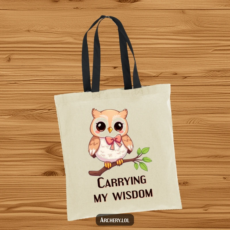 Funny tote bag featuring a playful owl on a branch with a bow and arrow, designed for carrying essentials with whimsical humor.