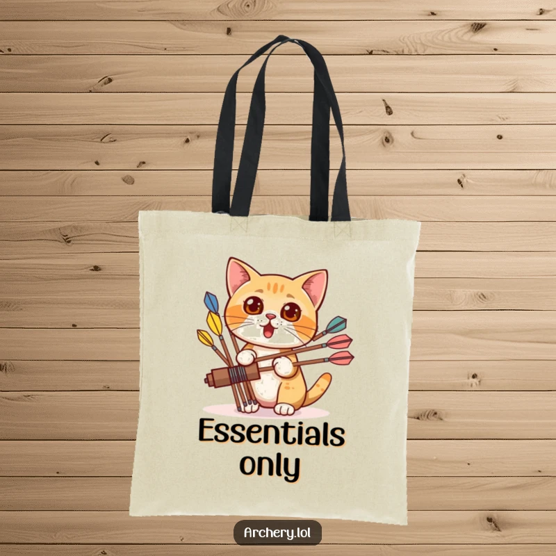Funny tote bag with a surprised cat peeking from behind colorful arrows, ideal for carrying essentials with a dash of feline curiosity.