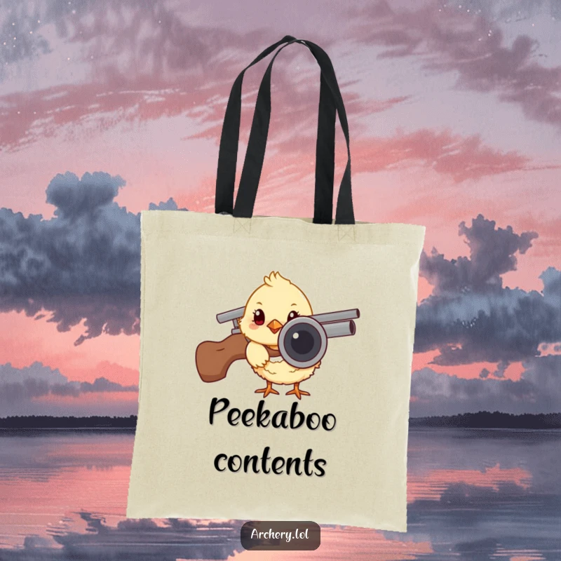 Funny tote bag featuring a curious chick peeking from behind an arrow quiver, designed for carrying essentials with humorous, cute flair.