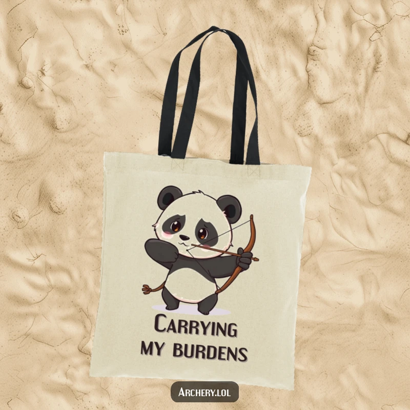 Funny tote bag showcasing a determined panda drawing its bow with a focused gaze, embodying purposeful action with humor.