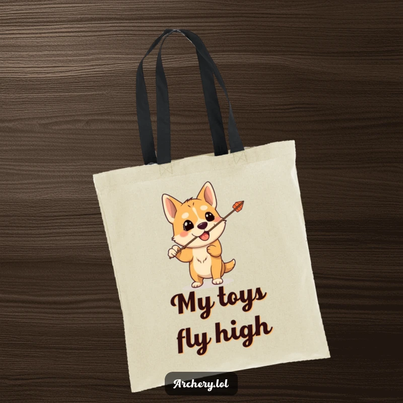 Funny tote bag illustrating a silly dog with a bow and arrow, the arrow accidentally shot upwards, ideal for carrying essentials humorously.