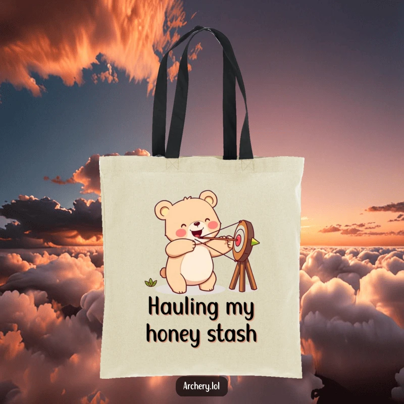 Funny happy bear tote bag, aiming an arrow at a target, with a cheerful attitude, practical for carrying.