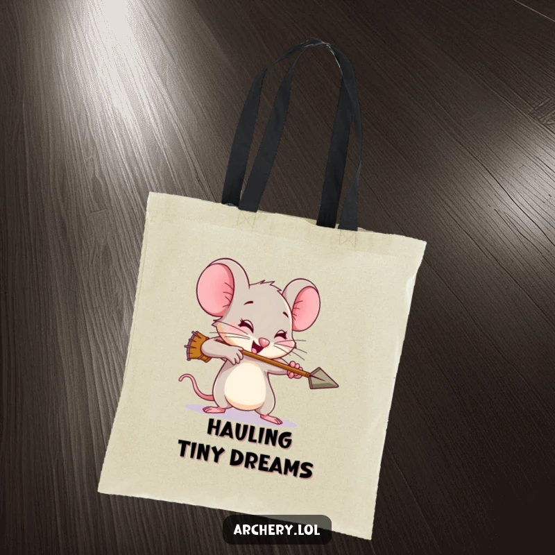 Funny mouse tote bag, a brave mouse shooting an arrow with great, exaggerated effort, promoting determination and humor.