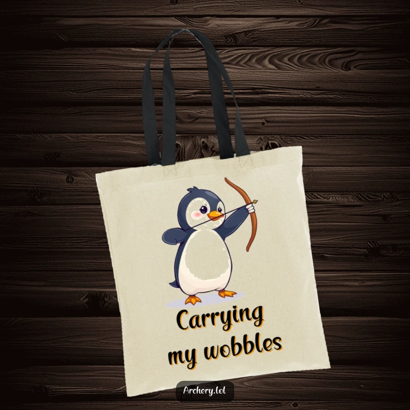 Funny Tote Bag with a wobbly penguin in a dramatic archery stance, perfect for carrying archery supplies.