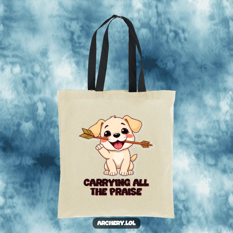 Funny Puppy Archer Tote Bag: A happy puppy catches an arrow, carrying humor and canine charm.