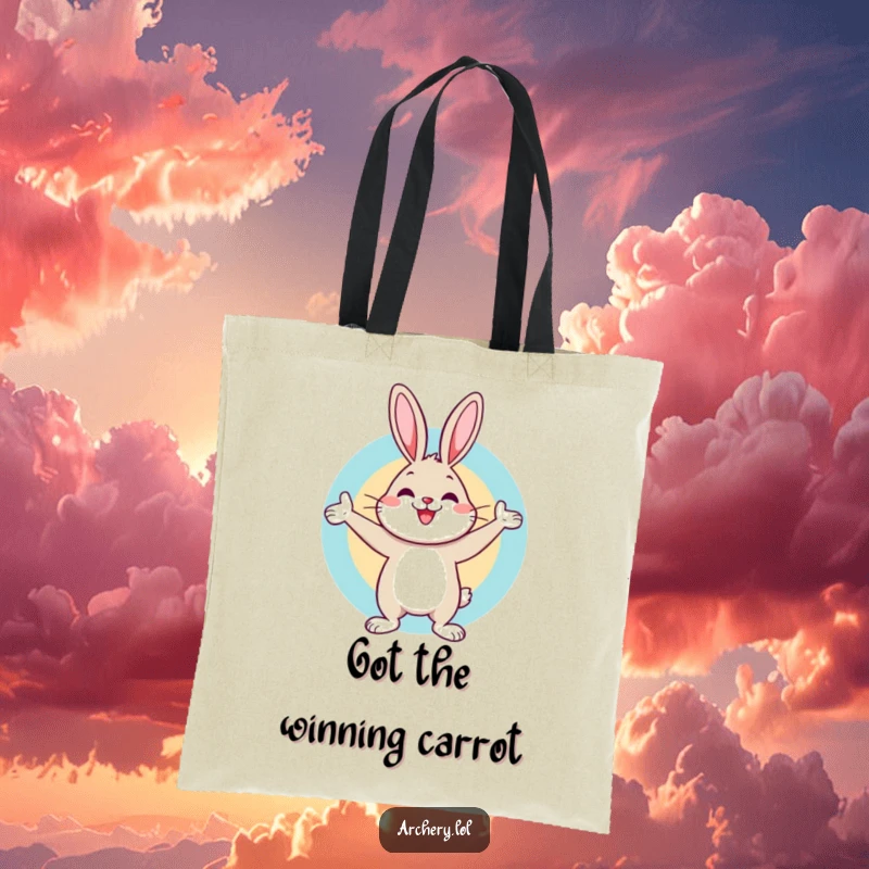 Funny tote bag featuring a cheerful rabbit celebrating a bullseye, designed for carrying essentials with humorous, victorious flair.