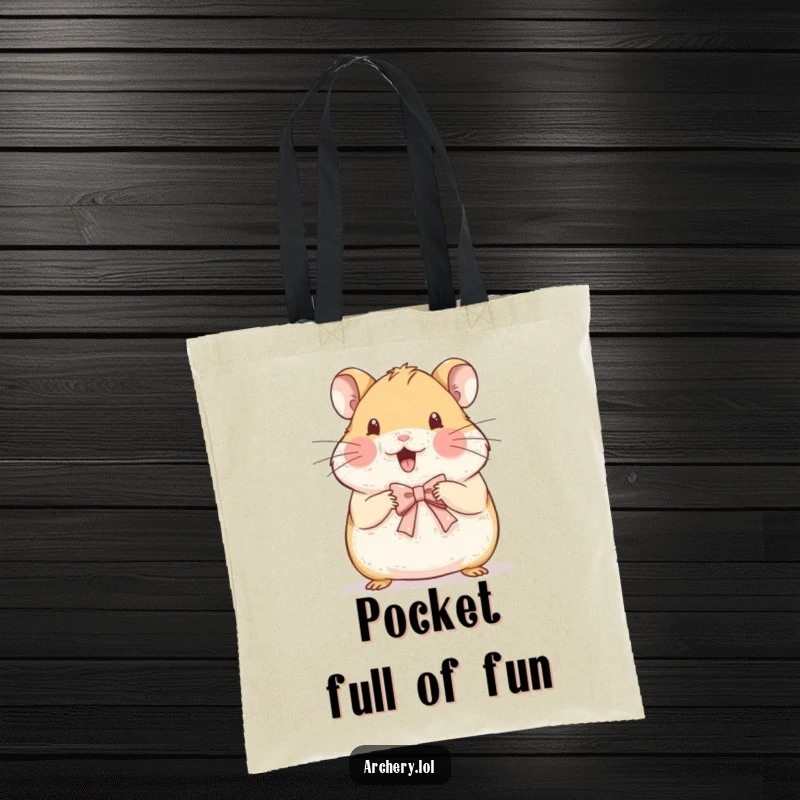 Funny tote bag featuring a beaming hamster proudly drawing a tiny, delicate bow, perfect for art supplies.