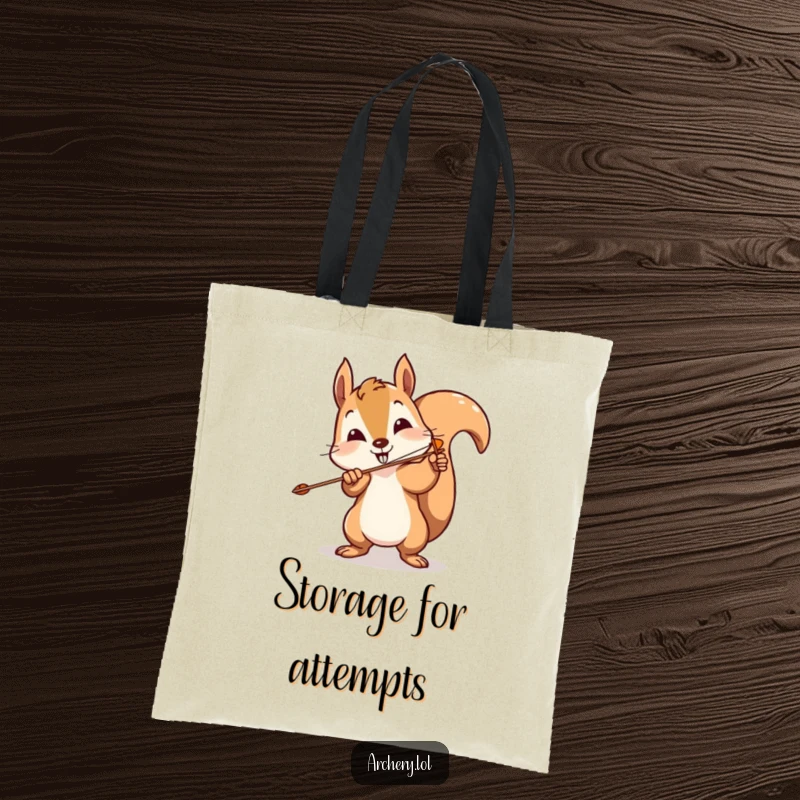 Funny squirrel archer tote bag featuring a playful squirrel comically missing the target with a wild arrow, ideal for humorous carrying.